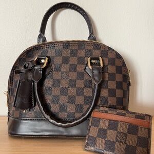 Brown Checkered Handbag and Wallet Set